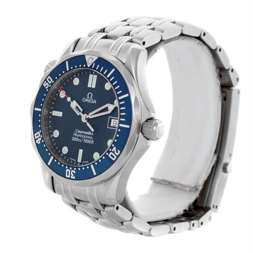 The Omega Seamaster 2561.80.00 Men
s Stainless Steel Blue Dial 2561.80.00 Men
s Stainless Steel Blue Dial watch is shown at a slight angle, displaying the dial, bezel, crown, and metal bracelet.