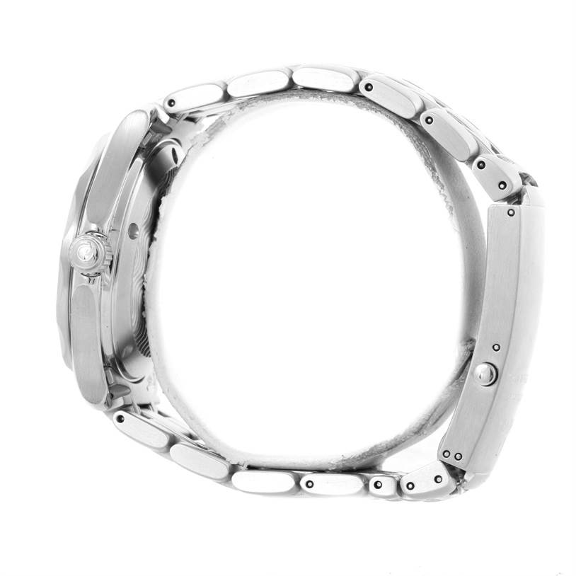 The image shows a side view of an Omega Seamaster 2561.80.00 Men
s Stainless Steel Blue Dial 2561.80.00 Men
s Stainless Steel Blue Dial watch, highlighting its metal band and crown.