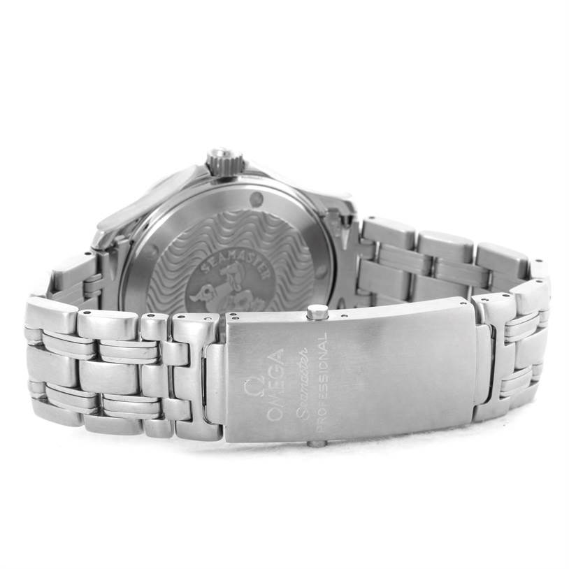 The image shows the backside and metal bracelet clasp, engraved with "Omega Seamaster 2561.80.00 Men
s Stainless Steel Blue Dial 2561.80.00 Men
s Stainless Steel Blue Dial Professional."