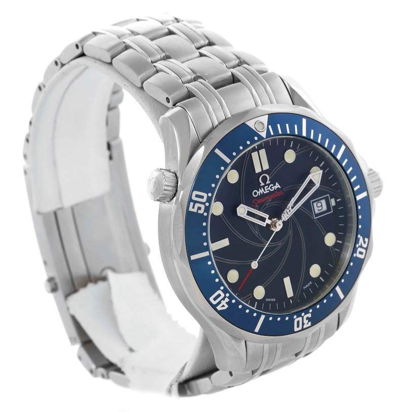 The Omega Seamaster 2226.80.00 Men
s Stainless Steel Blue Dial 2226.80.00 Men
s Stainless Steel Blue Dial watch is shown from a front-left angle, highlighting the face, bezel, crown, and bracelet.