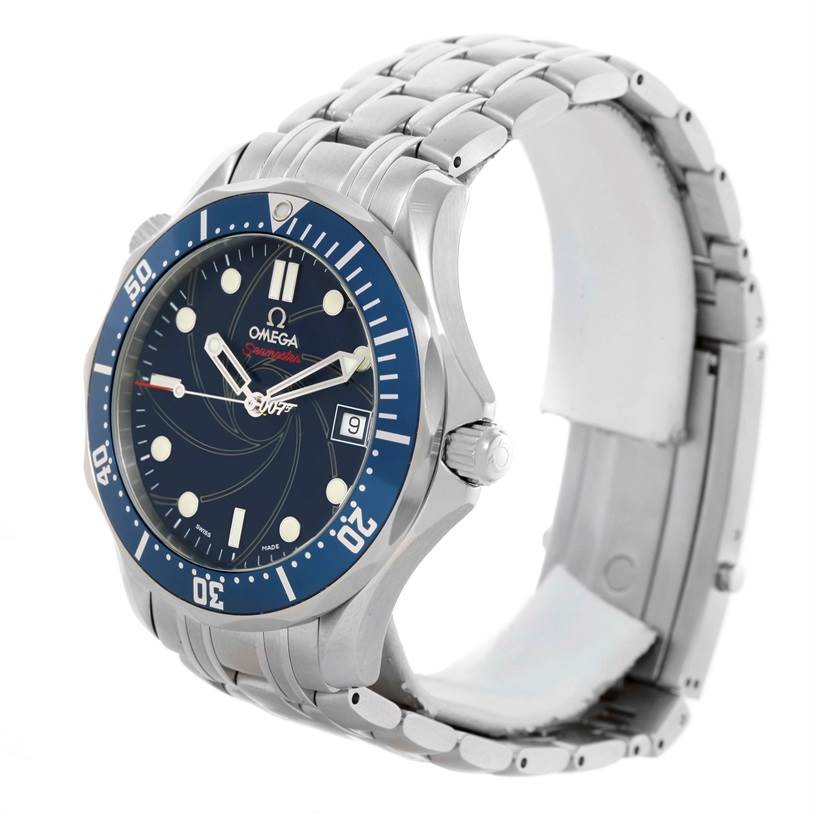 The Omega Seamaster 2226.80.00 Men
s Stainless Steel Blue Dial 2226.80.00 Men
s Stainless Steel Blue Dial watch is shown at a three-quarter angle, highlighting its blue bezel, dial, bracelet, and date window.