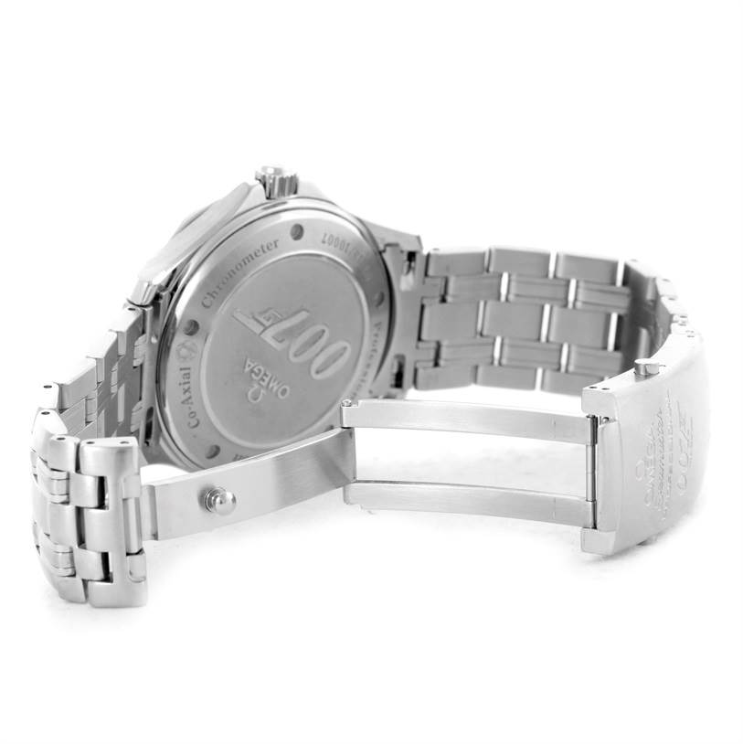 The image shows the open stainless steel bracelet and engraved case back of an Omega Seamaster 2226.80.00 Men
s Stainless Steel Blue Dial 2226.80.00 Men
s Stainless Steel Blue Dial watch, viewed from the rear.