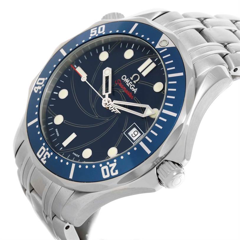 The image shows a close-up, angled view of the Omega Seamaster 2226.80.00 Men
s Stainless Steel Blue Dial 2226.80.00 Men
s Stainless Steel Blue Dial watch, highlighting the dial, bezel, crown, and stainless steel bracelet.