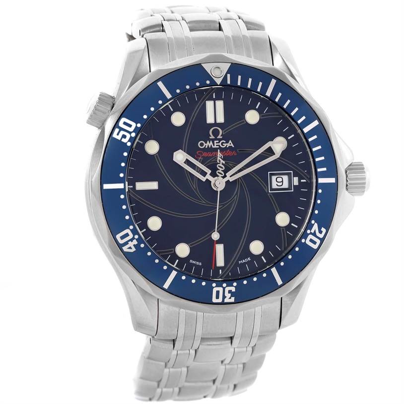 The image shows a front view of an Omega Seamaster 2226.80.00 Men
s Stainless Steel Blue Dial 2226.80.00 Men
s Stainless Steel Blue Dial watch featuring its dial, bezel, and metal bracelet.