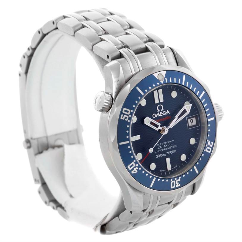 This is a side angle view of an Omega Seamaster 2222.80.00 Men
s Stainless Steel Blue Dial 2222.80.00 Men
s Stainless Steel Blue Dial watch showing the face, bezel, crown, and metal bracelet.