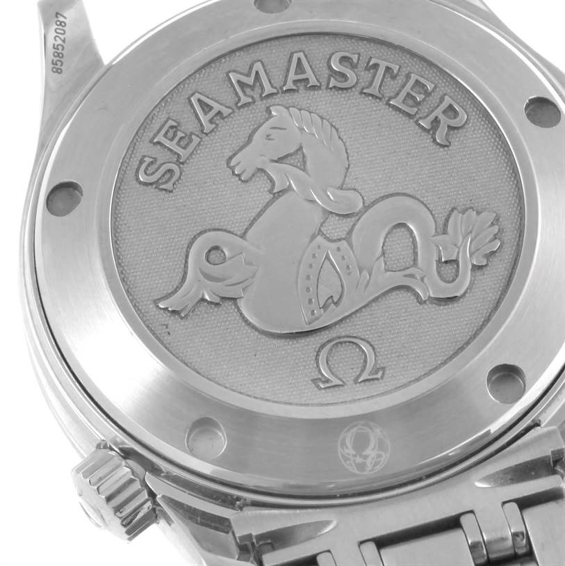 This image shows the back case of an Omega Seamaster 2222.80.00 Men
s Stainless Steel Blue Dial 2222.80.00 Men
s Stainless Steel Blue Dial watch, highlighting the engraved logo and text.