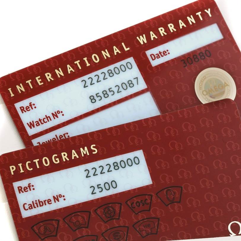 The image shows international warranty and pictogram cards for an Omega Seamaster 2222.80.00 Men
s Stainless Steel Blue Dial 2222.80.00 Men
s Stainless Steel Blue Dial watch model.
