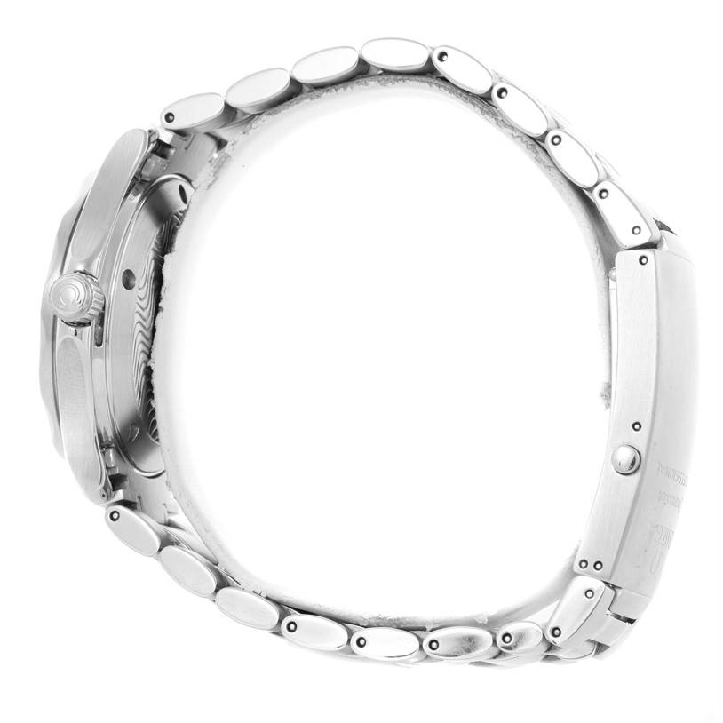 The image shows a side view of an Omega Seamaster 2262.50.00 Men
s Stainless Steel Black Dial 2262.50.00 Men
s Stainless Steel Black Dial watch, highlighting the stainless steel bracelet and case.