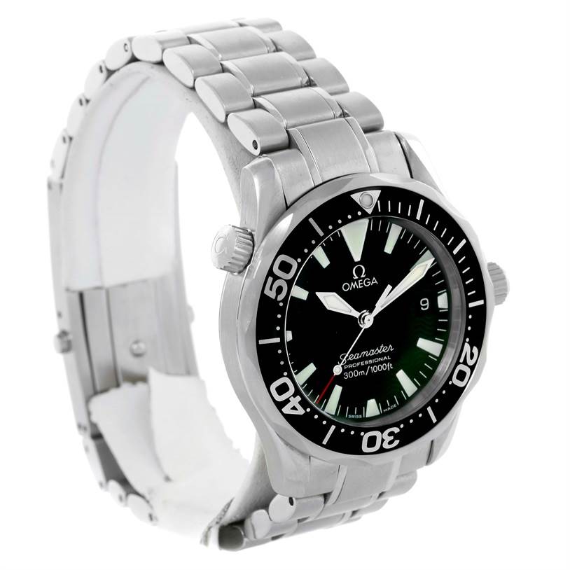 This image shows an angled view of the Omega Seamaster 2262.50.00 Men
s Stainless Steel Black Dial 2262.50.00 Men
s Stainless Steel Black Dial watch, highlighting its face, bezel, and metal bracelet.