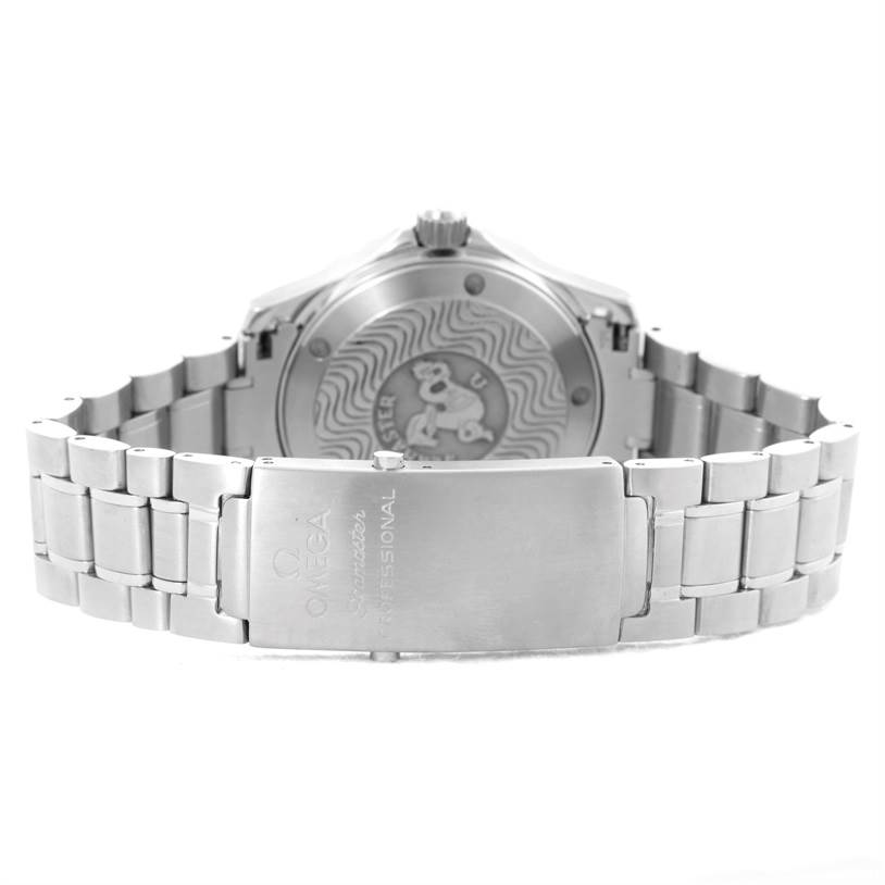 The image shows the back of an Omega Seamaster 2262.50.00 Men
s Stainless Steel Black Dial 2262.50.00 Men
s Stainless Steel Black Dial watch, including its caseback and part of its metal bracelet.