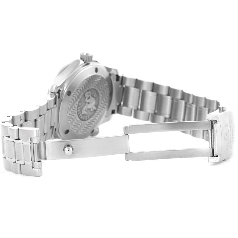 The image shows the backside and partially opened clasp of the Omega Seamaster 2262.50.00 Men
s Stainless Steel Black Dial 2262.50.00 Men
s Stainless Steel Black Dial watch, highlighting the case back and bracelet.