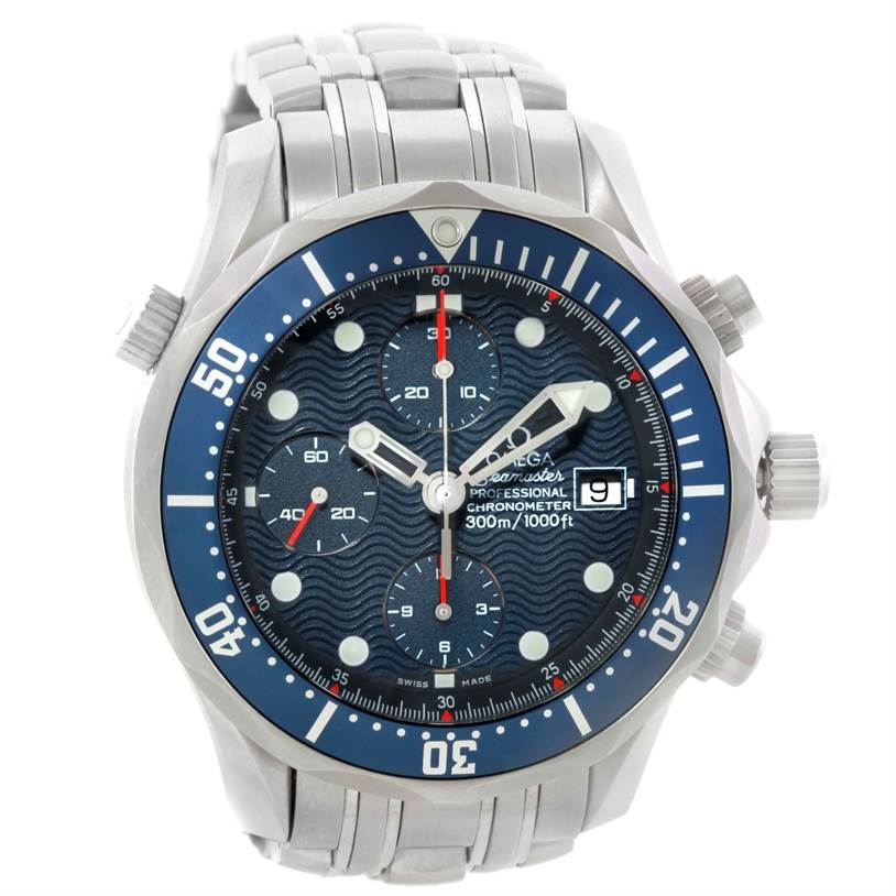 This is a front view of an Omega Seamaster 2599.80.00 Men
s Stainless Steel Blue Dial 2599.80.00 Men
s Stainless Steel Blue Dial watch, showing the face, bezel, subdials, and chronograph buttons.