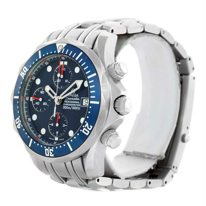 The Omega Seamaster 2599.80.00 Men
s Stainless Steel Blue Dial 2599.80.00 Men
s Stainless Steel Blue Dial watch is shown from a three-quarter angle highlighting the face, bezel, pushers, and part of the bracelet.