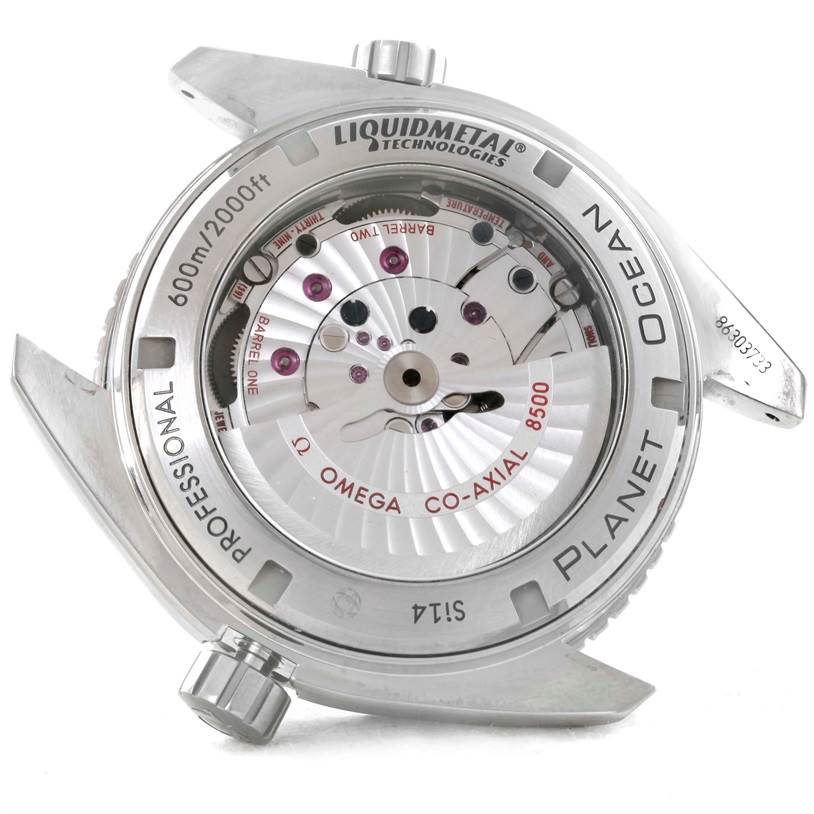 The image displays the back view of an Omega Seamaster 232.90.46.21.03.001 Men
s Titanium Blue Dial 232.90.46.21.03.001 Men
s Titanium Blue Dial watch, highlighting its mechanism and branding details.