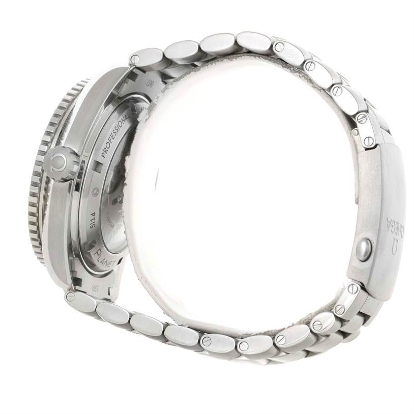 This image shows the side and back view of an Omega Seamaster 232.90.46.21.03.001 Men
s Titanium Blue Dial 232.90.46.21.03.001 Men
s Titanium Blue Dial watch, highlighting the crown, case back, and bracelet.