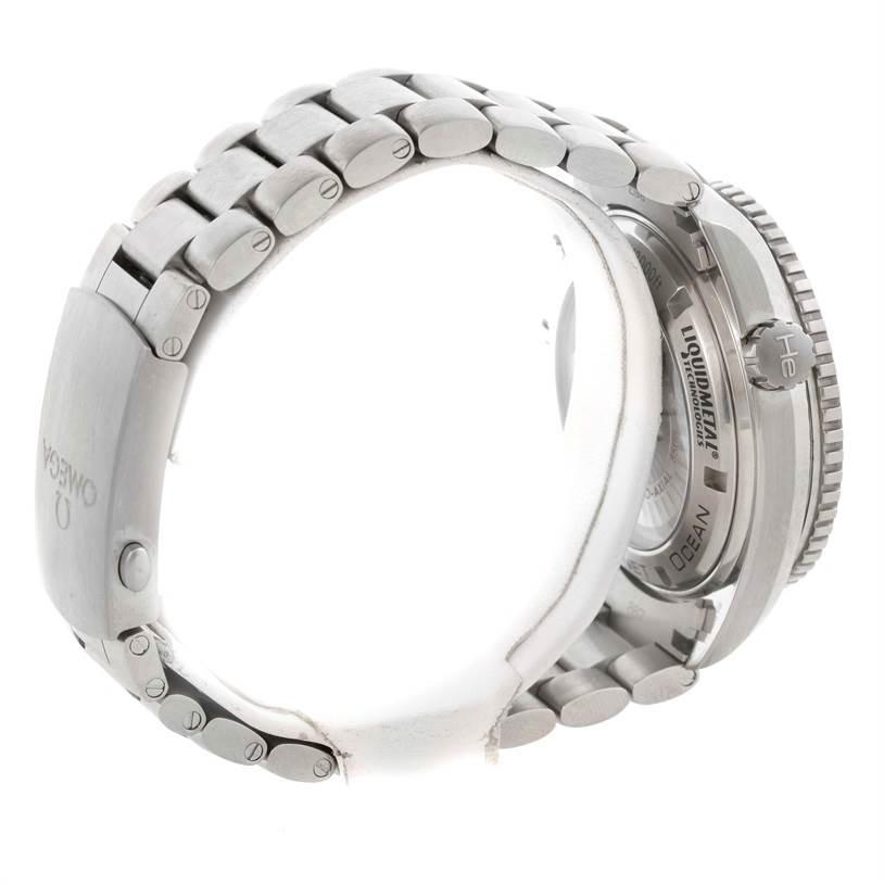 The image shows a side view of an Omega Seamaster 232.90.46.21.03.001 Men
s Titanium Blue Dial 232.90.46.21.03.001 Men
s Titanium Blue Dial watch focusing on the metallic bracelet, clasp, and part of the case back.