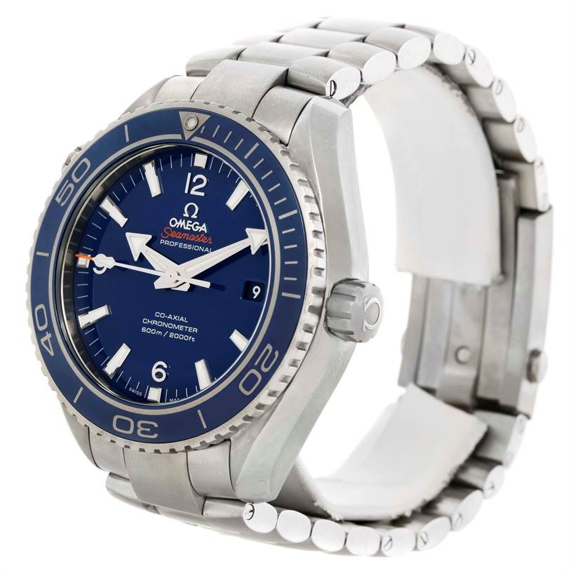 The image shows the front and right side of the Omega Seamaster 232.90.46.21.03.001 Men
s Titanium Blue Dial 232.90.46.21.03.001 Men
s Titanium Blue Dial watch, highlighting its blue dial, bezel, and stainless steel bracelet.