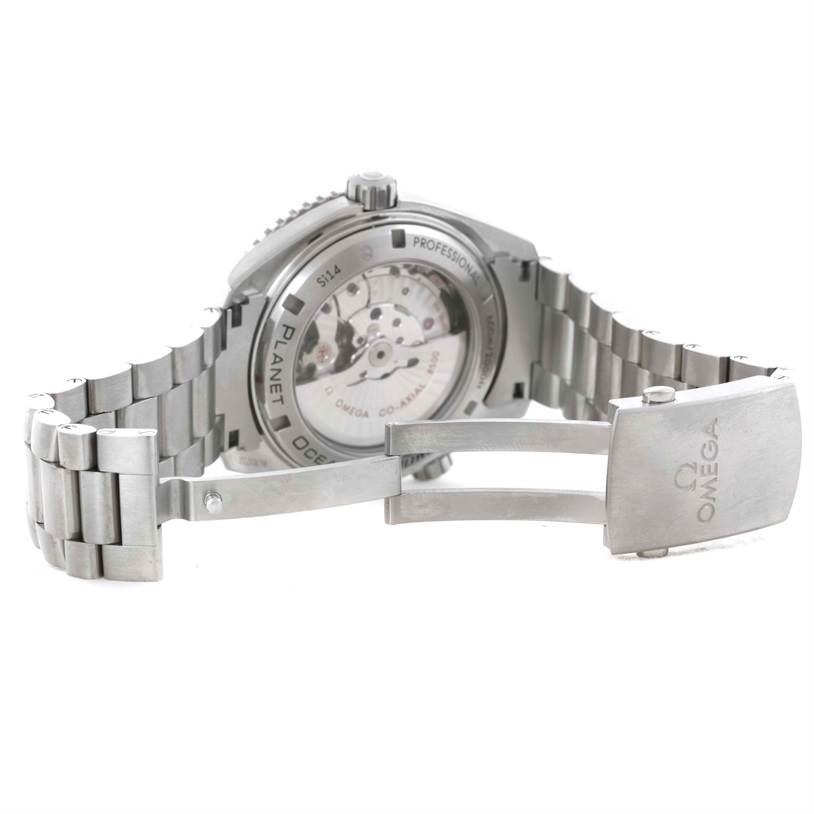 The image shows the back view of an Omega Seamaster 232.90.46.21.03.001 Men
s Titanium Blue Dial 232.90.46.21.03.001 Men
s Titanium Blue Dial watch with the metal bracelet and folding clasp extended.