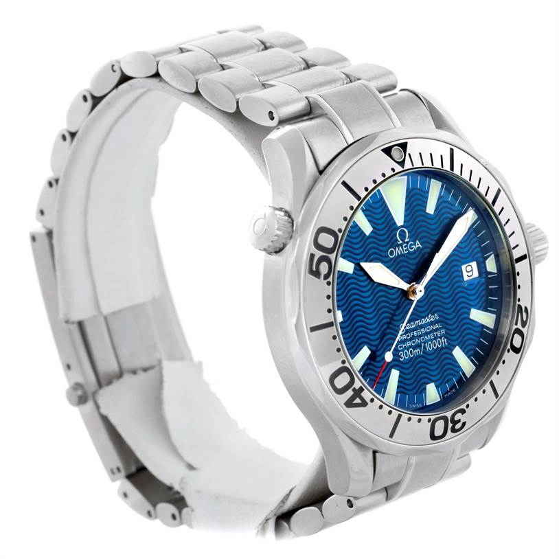 The image shows an Omega Seamaster 2255.80.00 Men
s Stainless Steel Blue Dial 2255.80.00 Men
s Stainless Steel Blue Dial watch at a three-quarter angle, displaying the face, bezel, crown, and metal bracelet.