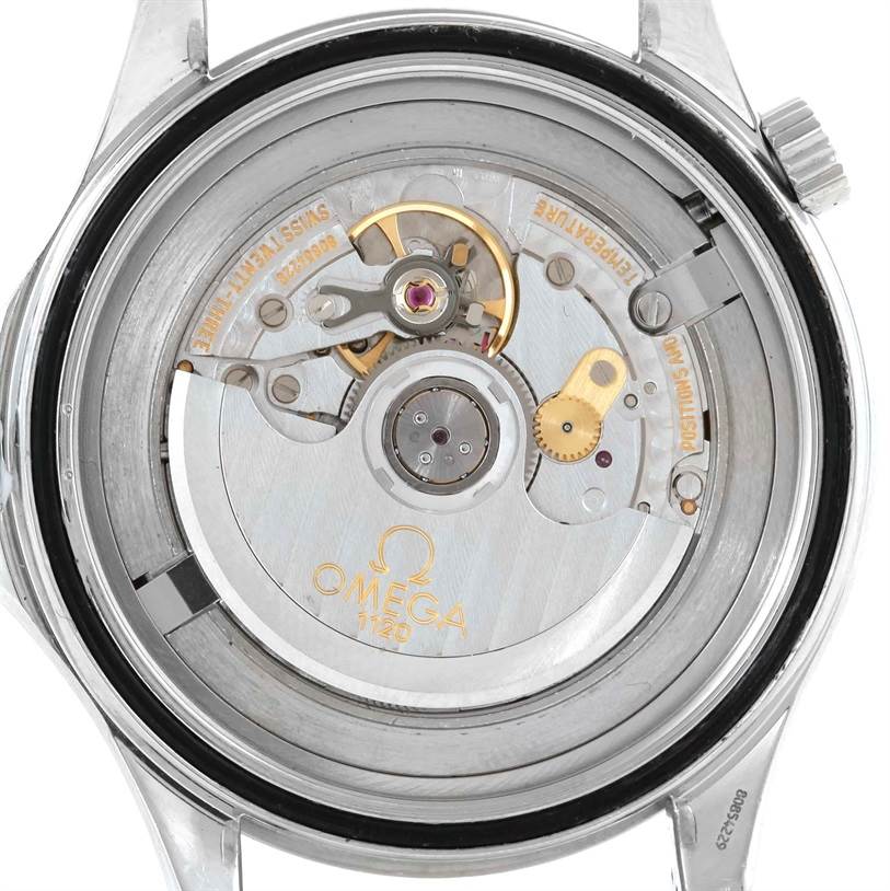 The image shows the back view of an Omega Seamaster 2255.80.00 Men
s Stainless Steel Blue Dial 2255.80.00 Men
s Stainless Steel Blue Dial watch, highlighting its exposed movement and internal mechanisms.