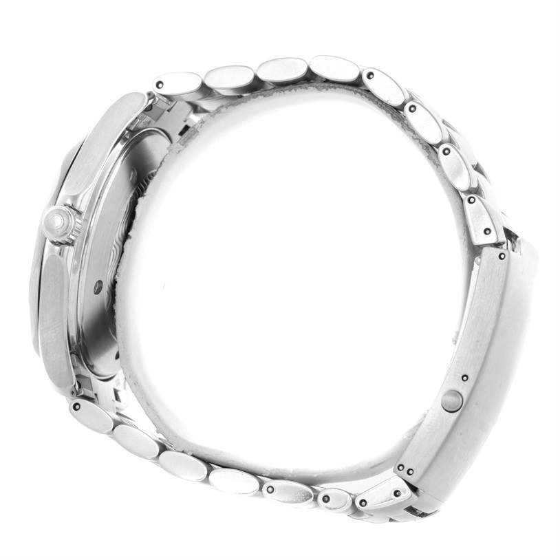 This is a side view of the Omega Seamaster 2255.80.00 Men
s Stainless Steel Blue Dial 2255.80.00 Men
s Stainless Steel Blue Dial watch showing the bracelet, crown, and case.