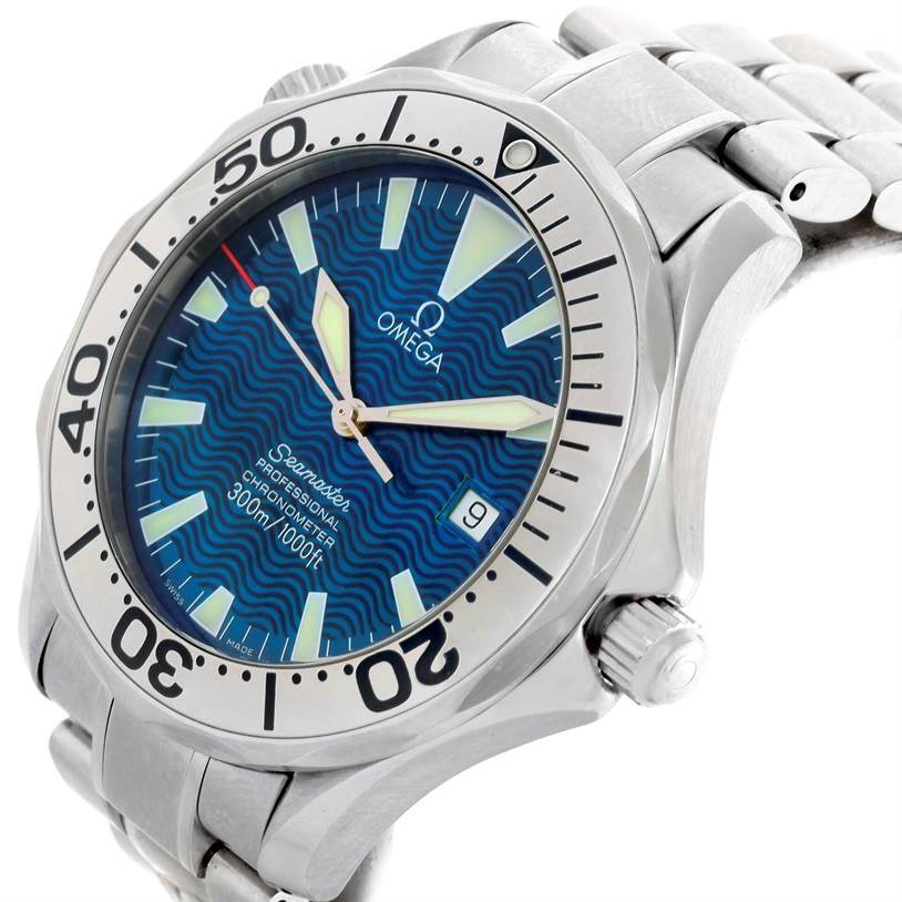 The image shows an angled view of an Omega Seamaster 2255.80.00 Men
s Stainless Steel Blue Dial 2255.80.00 Men
s Stainless Steel Blue Dial watch, displaying the face, bezel, crown, and part of the bracelet.