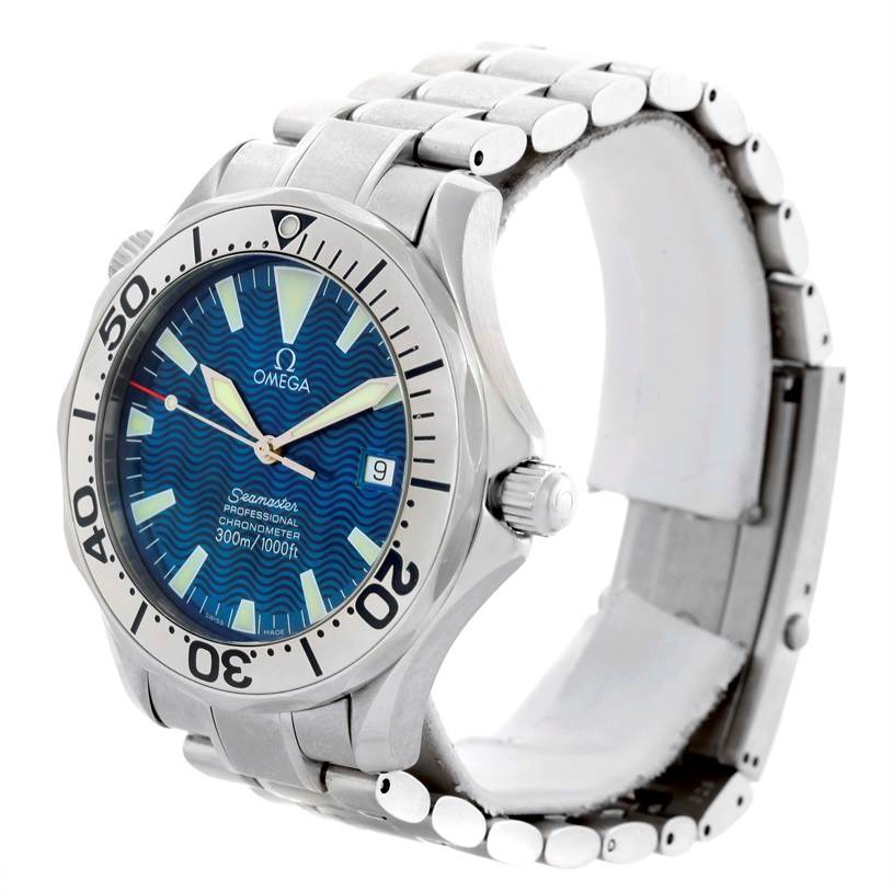 The Omega Seamaster 2255.80.00 Men
s Stainless Steel Blue Dial 2255.80.00 Men
s Stainless Steel Blue Dial watch is shown at an angled side view, displaying the face, bezel, crown, and part of the bracelet.