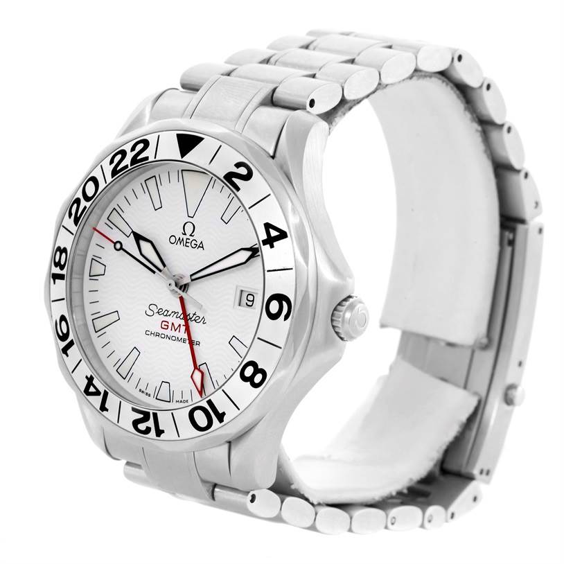 The Omega Seamaster 2538.20.00 Men
s Stainless Steel White Dial 2538.20.00 Men
s Stainless Steel White Dial watch is shown at a slight angle, displaying its face, bezel, crown, and part of its metal bracelet.