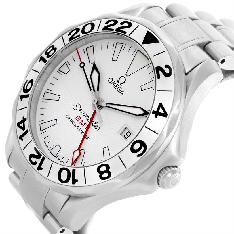 The Omega Seamaster 2538.20.00 Men
s Stainless Steel White Dial 2538.20.00 Men
s Stainless Steel White Dial watch is shown at an angle, highlighting its face, bezel, crown, and part of the bracelet.