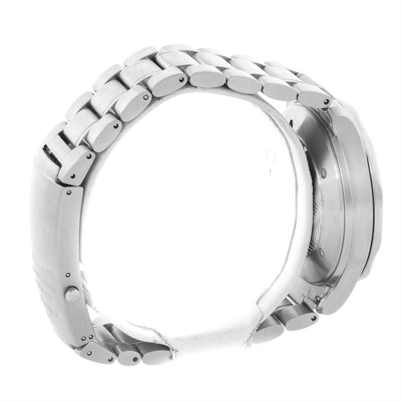 The image displays a side view of an Omega Seamaster 2538.20.00 Men
s Stainless Steel White Dial 2538.20.00 Men
s Stainless Steel White Dial watch, focusing on the metal bracelet and part of the case back.