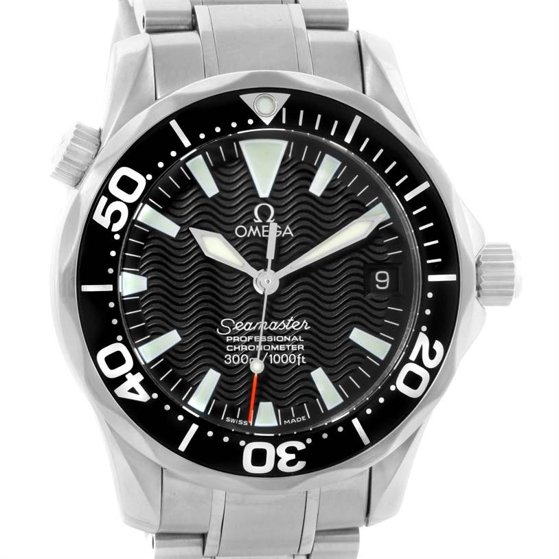 The image shows a front view of an Omega Seamaster 2252.50.00 Men
s Stainless Steel Black Dial 2252.50.00 Men
s Stainless Steel Black Dial watch, displaying its black dial, bezel, and stainless steel bracelet.