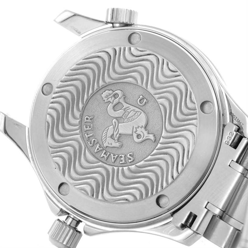 The image shows the case back of an Omega Seamaster 2252.50.00 Men
s Stainless Steel Black Dial 2252.50.00 Men
s Stainless Steel Black Dial watch, displaying the engraved logo and wave pattern.