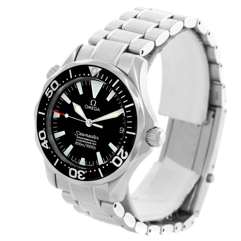 The Omega Seamaster 2252.50.00 Men
s Stainless Steel Black Dial 2252.50.00 Men
s Stainless Steel Black Dial watch is shown at a slight angle, featuring the face, bezel, and part of the stainless steel bracelet.