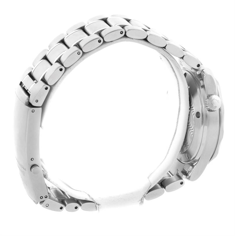 The image shows a side view of the Omega Seamaster 2252.50.00 Men
s Stainless Steel Black Dial 2252.50.00 Men
s Stainless Steel Black Dial watch, highlighting the bracelet and the watch
s crown.