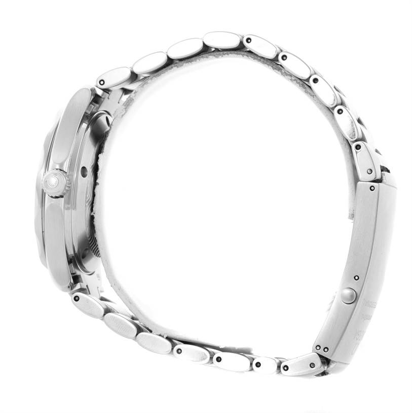 The Omega Seamaster 2252.50.00 Men
s Stainless Steel Black Dial 2252.50.00 Men
s Stainless Steel Black Dial watch is shown from the side, highlighting its side profile and metal bracelet.