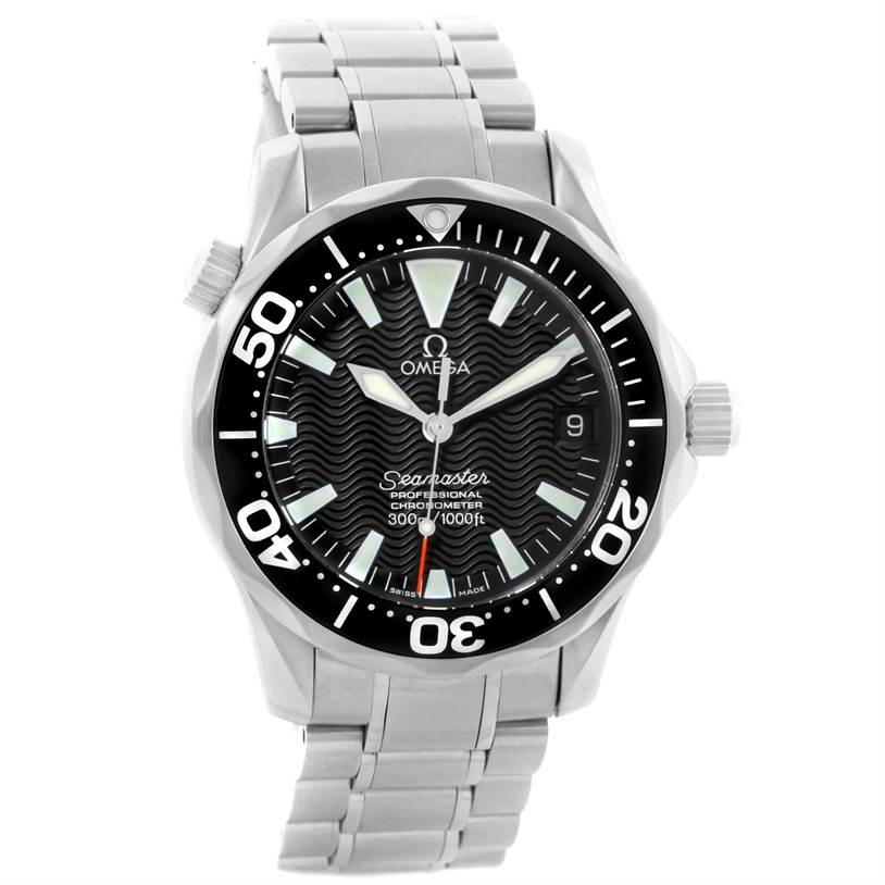 The Omega Seamaster 2252.50.00 Men
s Stainless Steel Black Dial 2252.50.00 Men
s Stainless Steel Black Dial watch is shown from a front angle, displaying the dial, bezel, hands, crown, and bracelet.