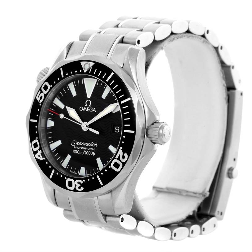 The Omega Seamaster 2262.50.00 Men
s Stainless Steel Black Dial 2262.50.00 Men
s Stainless Steel Black Dial watch is shown at an angle highlighting the face, bezel, crown, and part of the bracelet.