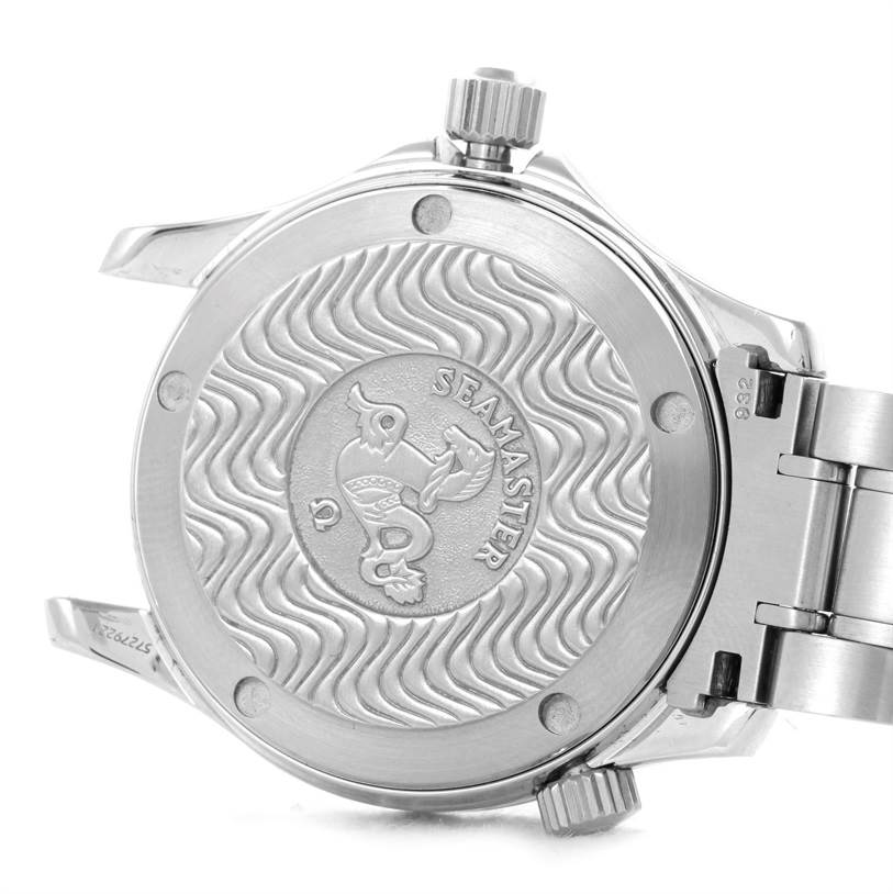 The image shows the back case and part of the bracelet of an Omega Seamaster 2262.50.00 Men
s Stainless Steel Black Dial 2262.50.00 Men
s Stainless Steel Black Dial watch from an angled view.