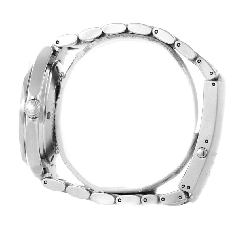 The image shows the side view of an Omega Seamaster 2262.50.00 Men
s Stainless Steel Black Dial 2262.50.00 Men
s Stainless Steel Black Dial watch, highlighting the case, crown, and metal bracelet.