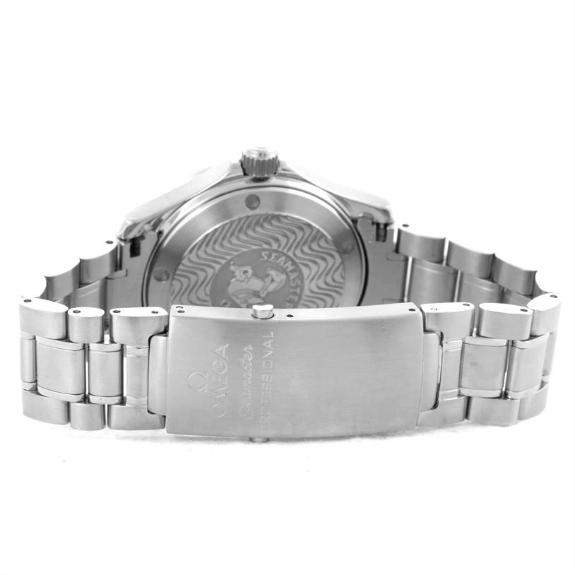 This image shows the case back and clasp of an Omega Seamaster 2262.50.00 Men
s Stainless Steel Black Dial 2262.50.00 Men
s Stainless Steel Black Dial watch from a rear angle.