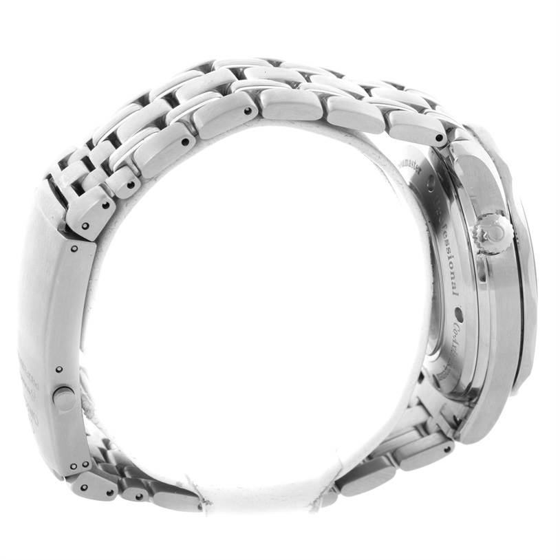 The Omega Seamaster 2535.80.00 Men
s Stainless Steel Blue Dial 2535.80.00 Men
s Stainless Steel Blue Dial watch is shown from a side angle, highlighting its metal bracelet and case profile.