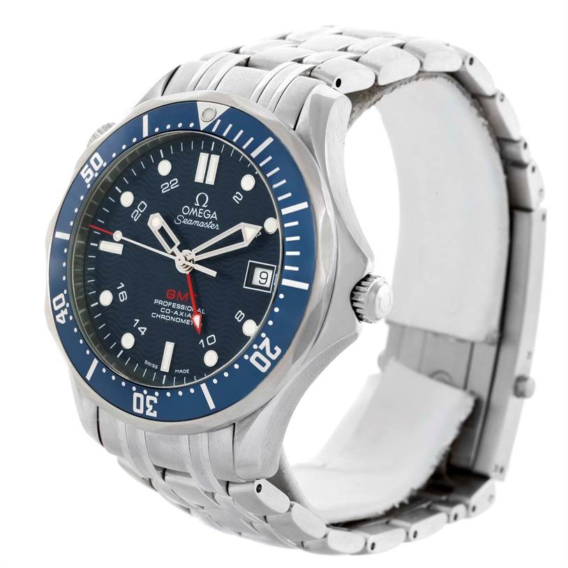 The Omega Seamaster 2535.80.00 Men
s Stainless Steel Blue Dial 2535.80.00 Men
s Stainless Steel Blue Dial watch is shown at a three-quarter angle, displaying the dial, bezel, bracelet, and crown.