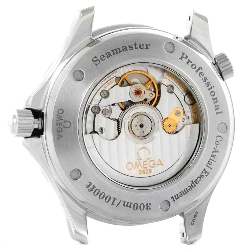 The image shows the back view of an Omega Seamaster 2535.80.00 Men
s Stainless Steel Blue Dial 2535.80.00 Men
s Stainless Steel Blue Dial watch, revealing the intricate internal mechanics and engravings.