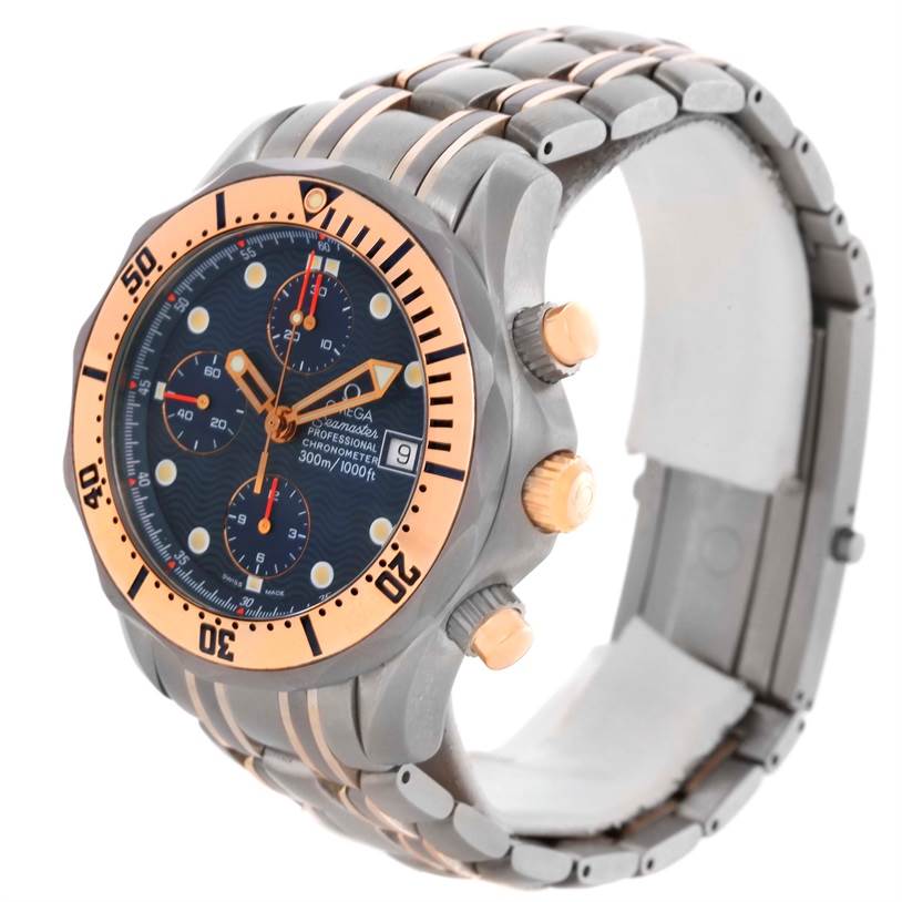 The photo shows the Omega Seamaster 2296.80.00 Men's Titanium Blue Dial 2296.80.00 Men's Titanium Blue Dial watch at a three-quarter angle, highlighting the bezel, dial, crown, and multi-link bracelet.