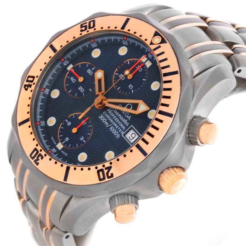 The image shows a close-up of the Omega Seamaster 2296.80.00 Men's Titanium Blue Dial 2296.80.00 Men's Titanium Blue Dial model watch, highlighting the dial, bezel, and side buttons.