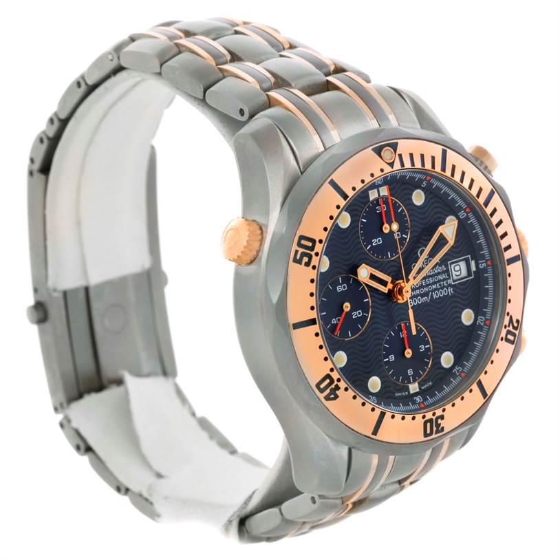 The Omega Seamaster 2296.80.00 Men's Titanium Blue Dial 2296.80.00 Men's Titanium Blue Dial watch is shown from an angled side view, displaying the face, bezel, crown, and partially the bracelet.