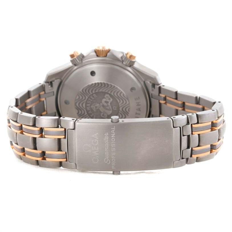 The image shows the back and clasp of an Omega Seamaster 2296.80.00 Men's Titanium Blue Dial 2296.80.00 Men's Titanium Blue Dial watch, highlighting the bracelet and caseback detailing.