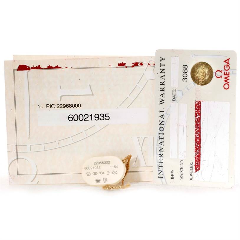 The image shows warranty documents and tags for the Omega Seamaster 2296.80.00 Men's Titanium Blue Dial 2296.80.00 Men's Titanium Blue Dial watch model from a front angle.