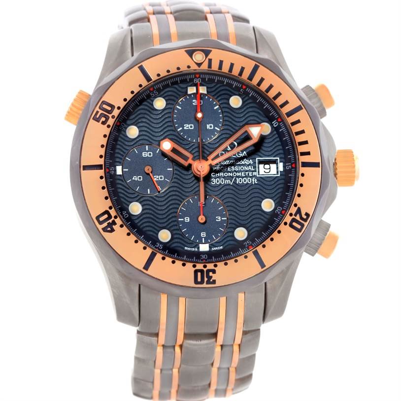 The Omega Seamaster 2296.80.00 Men's Titanium Blue Dial 2296.80.00 Men's Titanium Blue Dial watch is shown from the front angle, displaying its dial, bezel, crown, pushers, and partial bracelet.