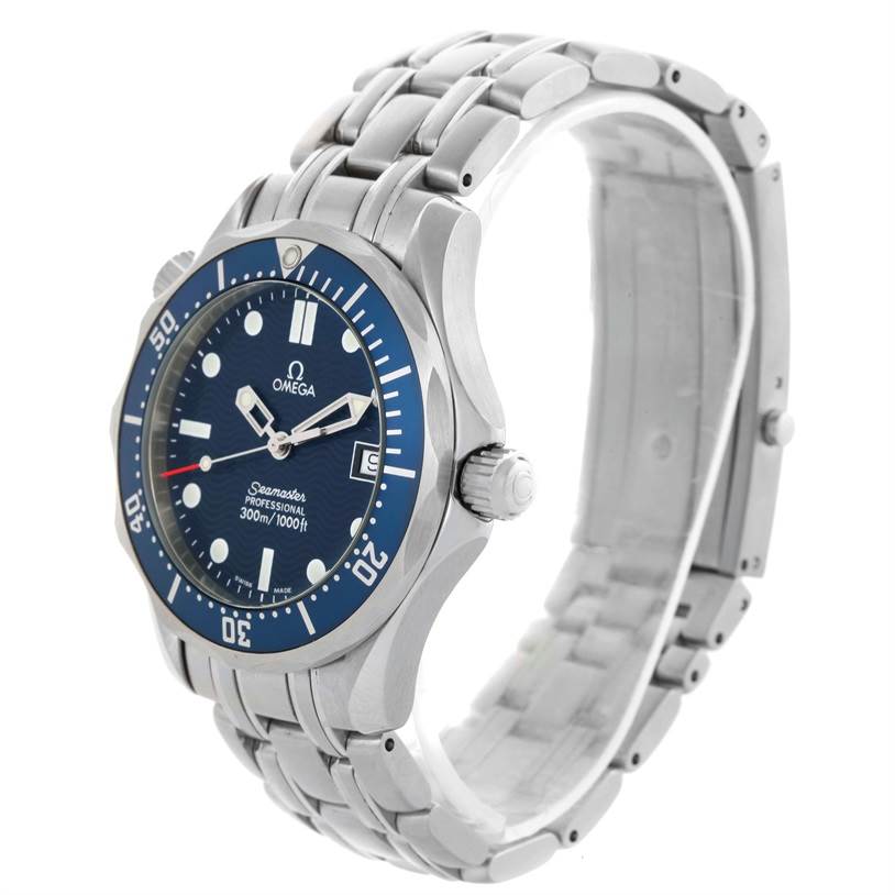 The Omega Seamaster 2561.80.00 Men
s Stainless Steel Blue Dial 2561.80.00 Men
s Stainless Steel Blue Dial watch is shown from a front-left angle, highlighting the blue dial, bezel, and metal bracelet.